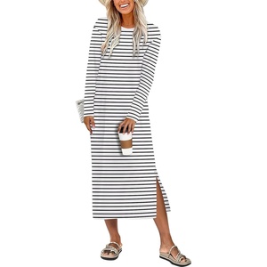image:imageANRABESS Long Sleeve Midi Dresses for Women  Comfy Soft T Shirt Dress Crewneck Split Striped Loose Fit Casual Vacation Daily Wear Fall Winter Transition ClothesWhite Black Stripe