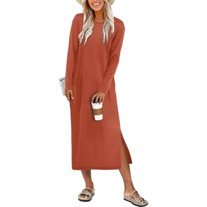 image:imageANRABESS Long Sleeve Midi Dresses for Women  Comfy Soft T Shirt Dress Crewneck Split Striped Loose Fit Casual Vacation Daily Wear Fall Winter Transition ClothesBrick Orange