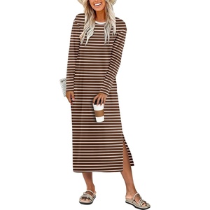image:imageANRABESS Long Sleeve Midi Dresses for Women  Comfy Soft T Shirt Dress Crewneck Split Striped Loose Fit Casual Vacation Daily Wear Fall Winter Transition ClothesBrown White Stripe