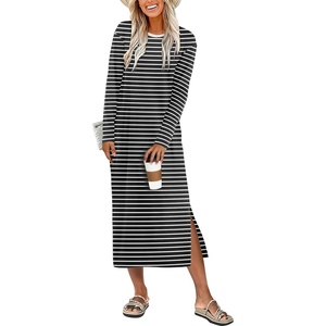 image:imageANRABESS Long Sleeve Midi Dresses for Women  Comfy Soft T Shirt Dress Crewneck Split Striped Loose Fit Casual Vacation Daily Wear Fall Winter Transition ClothesBlack White Stripe