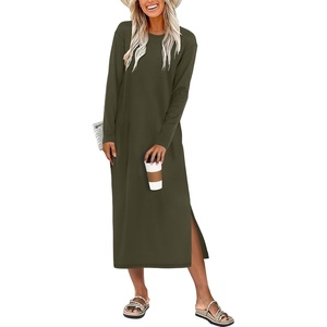 image:imageANRABESS Long Sleeve Midi Dresses for Women  Comfy Soft T Shirt Dress Crewneck Split Striped Loose Fit Casual Vacation Daily Wear Fall Winter Transition ClothesArmy Green