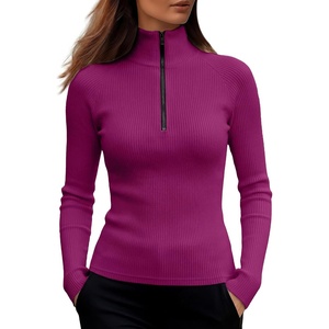 image:imageANRABESS Long Sleeve Shirts for Women Quarter Zip Ribbed Top  Slim Fitted Knit Mock Neck Tops Comfy Lightweight Basic Tees Casual Work amp Daily Going Out Fall Winter Layering TShirtHot Pink