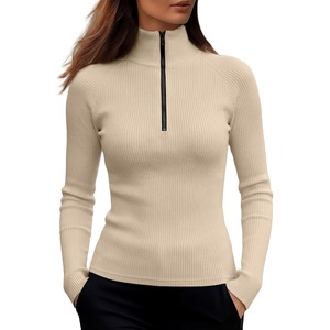 image:imageANRABESS Long Sleeve Shirts for Women Quarter Zip Ribbed Top  Slim Fitted Knit Mock Neck Tops Comfy Lightweight Basic Tees Casual Work amp Daily Going Out Fall Winter Layering TShirtBeige