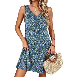 image:imageANRABESS Summer Dress for WomenV Neck Sleeveless SundressLoose FitSoft Travel Vacation OutfitsCute Beach Cover Up ClothesBlue White Green Floral
