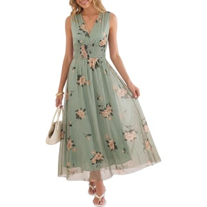 image:imageANRABESS Womens Floral Tulle Wedding Guest Maxi Dress  V Neck SleevelessALine Elastic WaistCasual Flowy Formal BohoBridal Shower Garden Party Beach VacationSummer FallFloral Green