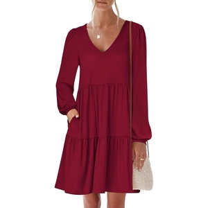 image:imageANRABESS Womens Long Sleeve Dress 2026 Fall Casual V Neck Tiered Flowy Short Dresses Beach Travel Vacation ClothesBurgundy