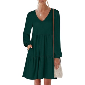 image:imageANRABESS Womens Long Sleeve Dress 2026 Fall Casual V Neck Tiered Flowy Short Dresses Beach Travel Vacation ClothesDeep Green