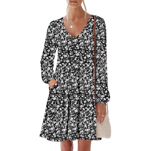image:imageANRABESS Womens Long Sleeve Dress 2026 Fall Casual V Neck Tiered Flowy Short Dresses Beach Travel Vacation ClothesFloral Black