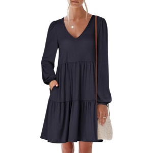 image:imageANRABESS Womens Long Sleeve Dress 2026 Fall Casual V Neck Tiered Flowy Short Dresses Beach Travel Vacation ClothesNavy Blue