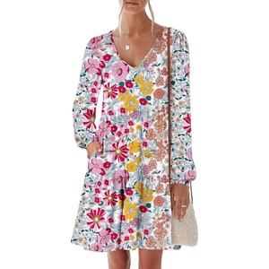 image:imageANRABESS Womens Long Sleeve Dress 2026 Fall Casual V Neck Tiered Flowy Short Dresses Beach Travel Vacation ClothesPrint Floral