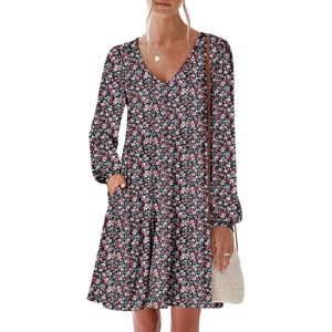 image:imageANRABESS Womens Long Sleeve Dress 2026 Fall Casual V Neck Tiered Flowy Short Dresses Beach Travel Vacation ClothesPrint Floral Black