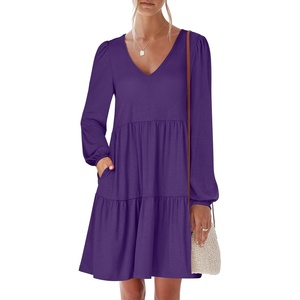 image:imageANRABESS Womens Long Sleeve Dress 2026 Fall Casual V Neck Tiered Flowy Short Dresses Beach Travel Vacation ClothesPurple