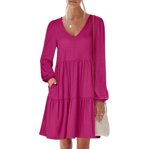 image:imageANRABESS Womens Long Sleeve Dress 2026 Fall Casual V Neck Tiered Flowy Short Dresses Beach Travel Vacation ClothesRose