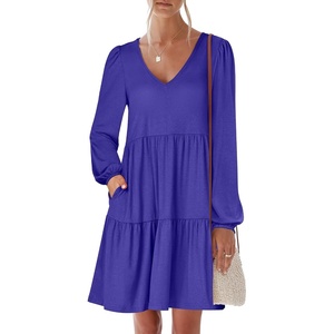 image:imageANRABESS Womens Long Sleeve Dress 2026 Fall Casual V Neck Tiered Flowy Short Dresses Beach Travel Vacation ClothesRoyal Blue