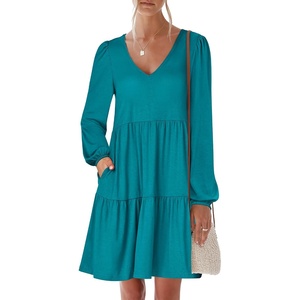image:imageANRABESS Womens Long Sleeve Dress 2026 Fall Casual V Neck Tiered Flowy Short Dresses Beach Travel Vacation ClothesTeal