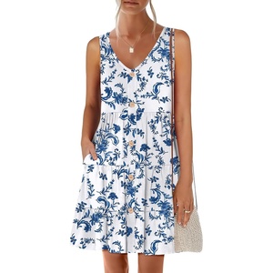 image:imageANRABESS Womens Summer Beach Vacation Dresses V Neck Sleeveless Casual Button Down A Line Swing Mini Sundresses with PocketsBlue White Floral