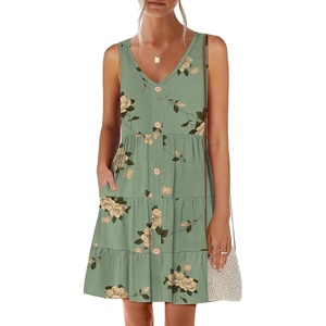 image:imageANRABESS Womens Summer Beach Vacation Dresses V Neck Sleeveless Casual Button Down A Line Swing Mini Sundresses with PocketsFloral Green