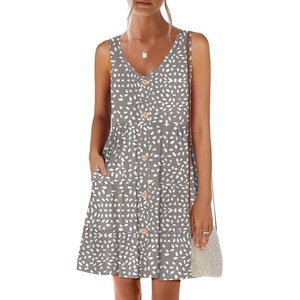 image:imageANRABESS Womens Summer Beach Vacation Dresses V Neck Sleeveless Casual Button Down A Line Swing Mini Sundresses with PocketsKhaki Polka Dot Gray