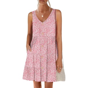 image:imageANRABESS Womens Summer Beach Vacation Dresses V Neck Sleeveless Casual Button Down A Line Swing Mini Sundresses with PocketsPink Floral