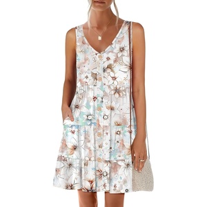 image:imageANRABESS Womens Summer Beach Vacation Dresses V Neck Sleeveless Casual Button Down A Line Swing Mini Sundresses with PocketsPrinted White
