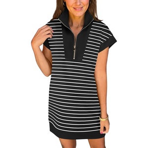 image:imageANRABESS Womens Summer Casual Half Zip Cap Sleeve Trendy WrinkleFree Tshirt Dress 2026 Spring Beach Vacation Short DressesBlack White Stripe