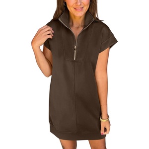 image:imageANRABESS Womens Summer Casual Half Zip Cap Sleeve Trendy WrinkleFree Tshirt Dress 2026 Spring Beach Vacation Short DressesBrown