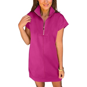 image:imageANRABESS Womens Summer Casual Half Zip Cap Sleeve Trendy WrinkleFree Tshirt Dress 2026 Spring Beach Vacation Short DressesHot Pink