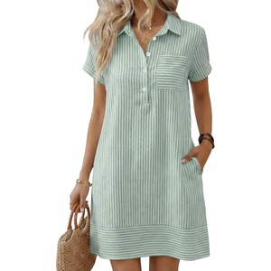 image:imageANRABESS Womens Summer Shirt Dresses  Lightweight Breathable Short Sleeve Button Polo Collar Tshirt Dress Daily Beach Work Outfits Spring Fall ClothesGreen White Stripe