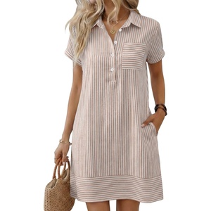 image:imageANRABESS Womens Summer Shirt Dresses  Lightweight Breathable Short Sleeve Button Polo Collar Tshirt Dress Daily Beach Work Outfits Spring Fall ClothesLight Brown White Stripe
