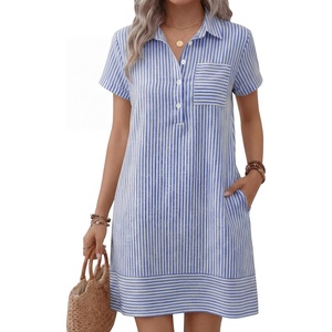 image:imageANRABESS Womens Summer Shirt Dresses  Lightweight Breathable Short Sleeve Button Polo Collar Tshirt Dress Daily Beach Work Outfits Spring Fall ClothesBlue White Stripe