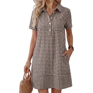 image:imageANRABESS Womens Summer Shirt Dresses  Lightweight Breathable Short Sleeve Button Polo Collar Tshirt Dress Daily Beach Work Outfits Spring Fall ClothesBrown White Plaid