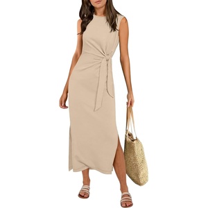 image:imageANRABESS Womens Summer Maxi Dress Tank Long Dresses  Soft Comfy WrinkleFree Fabric Tie Waist Split Casual Travel Outfits Dressy Elegant Trendy Fall LayerApricot