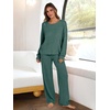 image:imageANRABESS Women 2 Piece Lounge Pajamas Sets Casual Ribbed Knit Long Sleeve Top Pants Matching Set 2026 Fall Outfits ClothesGreen
