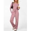 image:imageANRABESS Womens 2 Piece Soft Comfy Lounge Sets  Long Sleeve Side Ruching Top Wide Leg Drawstring Pants with Pockets Airport Travel Matching Set Fall Winter OutfitsPink