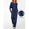image:imageANRABESS Womens 2 Piece Soft Comfy Lounge Sets  Long Sleeve Side Ruching Top Wide Leg Drawstring Pants with Pockets Airport Travel Matching Set Fall Winter OutfitsNavy Blue