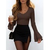 image:imageANRABESS Womens Long Sleeve V Neck Ribbed Knit Shirts  Soft Slim Fit Tops Bell Sleeve Ruched Blouses Fashion Going out Tshirt Dressy Casual Elegant Fall Winter Spring ClothesCoffee