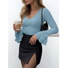 image:imageANRABESS Womens Long Sleeve V Neck Ribbed Knit Shirts  Soft Slim Fit Tops Bell Sleeve Ruched Blouses Fashion Going out Tshirt Dressy Casual Elegant Fall Winter Spring ClothesGrey Blue