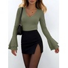image:imageANRABESS Womens Long Sleeve V Neck Ribbed Knit Shirts  Soft Slim Fit Tops Bell Sleeve Ruched Blouses Fashion Going out Tshirt Dressy Casual Elegant Fall Winter Spring ClothesArmy Green