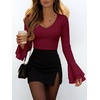 image:imageANRABESS Womens Long Sleeve V Neck Ribbed Knit Shirts  Soft Slim Fit Tops Bell Sleeve Ruched Blouses Fashion Going out Tshirt Dressy Casual Elegant Fall Winter Spring ClothesWine Red