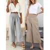 image:imageANRABESS Womens Striped Gingham Palazzo Pants  Wide Leg Smocked High Waisted Cropped PJ Bottoms Lounge amp Casual Summer Fall Comfy Cute Pants with PocketsLight Brown White Plaid