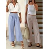 image:imageANRABESS Womens Striped Gingham Palazzo Pants  Wide Leg Smocked High Waisted Cropped PJ Bottoms Lounge amp Casual Summer Fall Comfy Cute Pants with PocketsLight Brown White Stripe