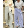 image:imageANRABESS Womens Striped Gingham Palazzo Pants  Wide Leg Smocked High Waisted Pajama Pants Lounge amp Casual Summer Fall Cute Pants with PocketsArmy Green White Stripe