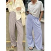 image:imageANRABESS Womens Striped Gingham Palazzo Pants  Wide Leg Smocked High Waisted Pajama Pants Lounge amp Casual Summer Fall Cute Pants with PocketsBrown White Stripe