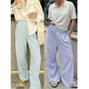 image:imageANRABESS Womens Striped Gingham Palazzo Pants  Wide Leg Smocked High Waisted Pajama Pants Lounge amp Casual Summer Fall Cute Pants with PocketsGreen White Stripe