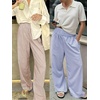 image:imageANRABESS Womens Striped Gingham Palazzo Pants  Wide Leg Smocked High Waisted Pajama Pants Lounge amp Casual Summer Fall Cute Pants with PocketsLight Brown White Stripe