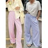 image:imageANRABESS Womens Striped Gingham Palazzo Pants  Wide Leg Smocked High Waisted Pajama Pants Lounge amp Casual Summer Fall Cute Pants with PocketsPink White Stripe