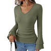 image:imageANRABESS Womens Long Sleeve V Neck Ribbed Knit Shirts  Soft Slim Fit Tops Bell Sleeve Ruched Blouses Fashion Going out Tshirt Dressy Casual Elegant Fall Winter Spring ClothesArmy Green