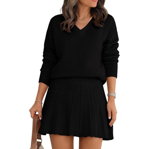 image:imageANRABESS 2 Piece Skirt Sets for Women Sweaters Set  Long Sleeve V Neck Pullover Sweaters Pleated Mini Skirt Fall Winter TrendyComfy CuteLounge Casual Travel Going OutBlack