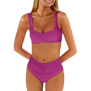 image:imageANRABESS Bathing Suit for Women Tummy Control Bikini Set 2026 Beach Front Ruched Mid Waist Swimsuit with Adjustable StrapsHot Pink