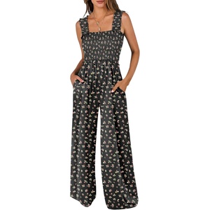 image:imageANRABESS Jumpsuits for Women Casual Smocked Sleeveless Wide Leg Comfy Rompers With Pockets Summer Vacation amp Dressy WearBlack Floral